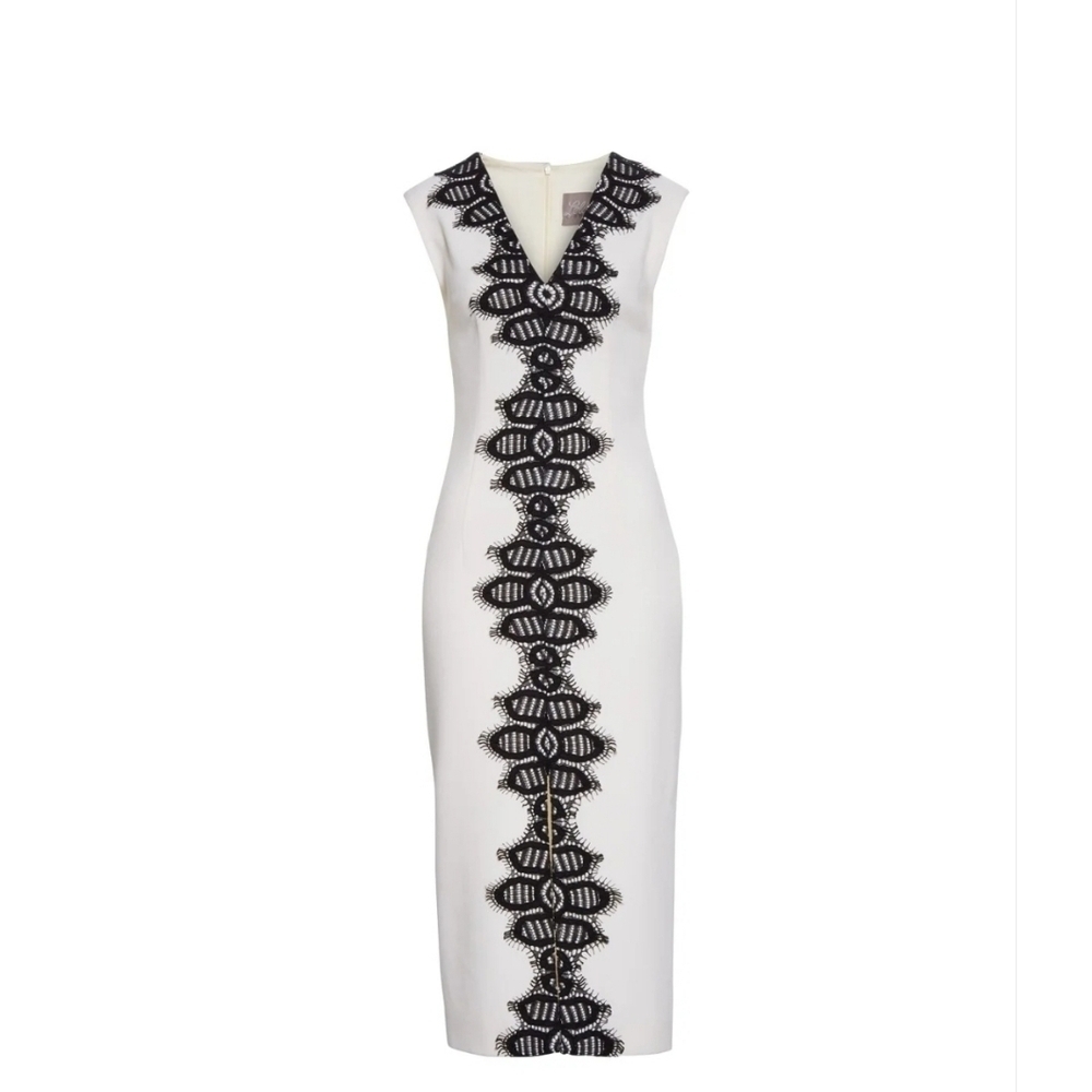 Lela Rose Ivory  Black Lace Sheath  Dress, size  2   NWOT